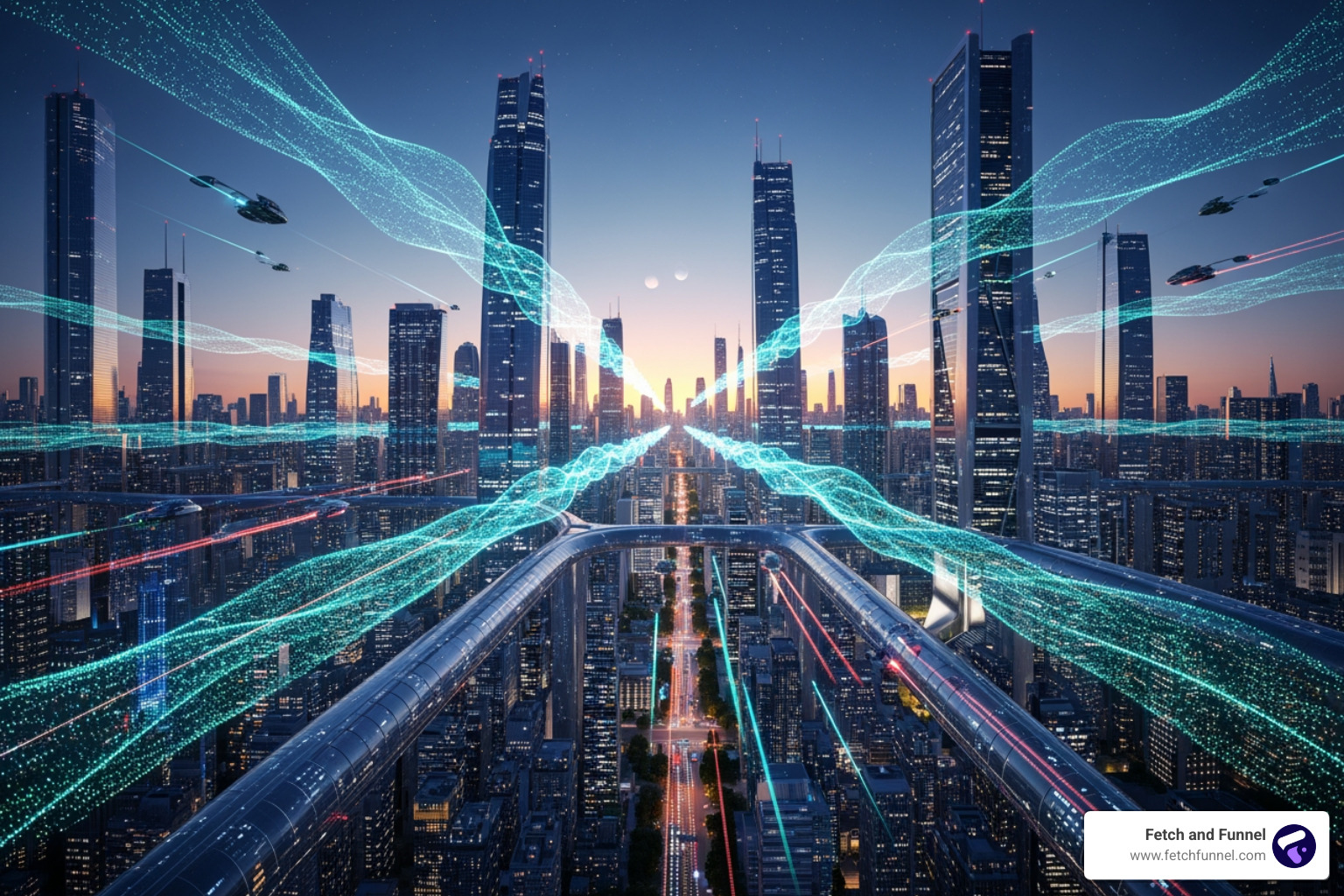 Futuristic cityscape with data streams and AI marketing - ai marketing solutions Futuristic cityscape with data streams and AI marketing - ai marketing solutions