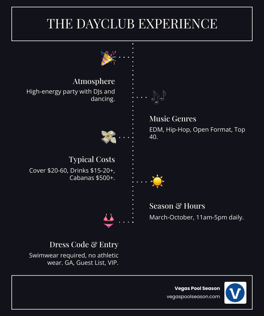 Infographic showing Las Vegas Dayclub Experience breakdown: Atmosphere (High-energy party with DJs and dancing), Music Genres (EDM, Hip-Hop, Open Format, Top 40), Typical Costs (Cover $20-60, Drinks $15-20+, Cabanas $500+), Season (March-October, 11am-5pm), Dress Code (Swimwear required, resort attire, no athletic wear), and Entry Options (General admission, Guest list, Bottle service, Cabanas) - las vegas dayclubs infographic infographic-line-5-steps-dark Infographic showing Las Vegas Dayclub Experience breakdown: Atmosphere (High-energy party with DJs and dancing), Music Genres (EDM, Hip-Hop, Open Format, Top 40), Typical Costs (Cover $20-60, Drinks $15-20+, Cabanas $500+), Season (March-October, 11am-5pm), Dress Code (Swimwear required, resort attire, no athletic wear), and Entry Options (General admission, Guest list, Bottle service, Cabanas) - las vegas dayclubs infographic infographic-line-5-steps-dark