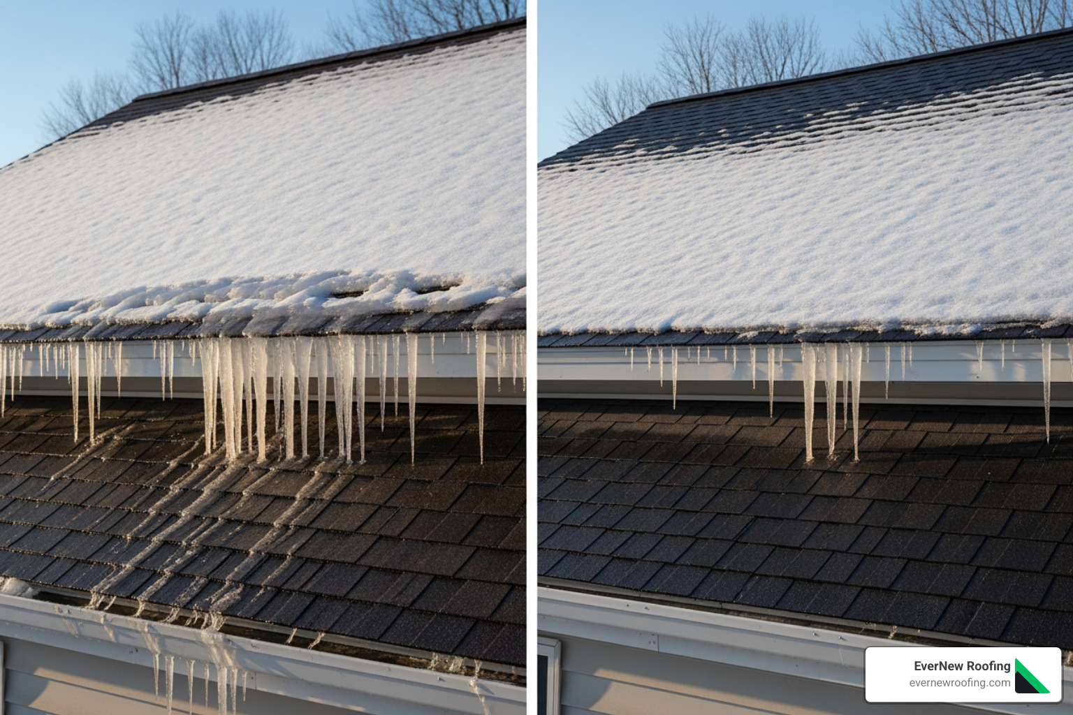 showing ice damming on an uncoated roof vs. a clear coated roof. - Michigan roof coating