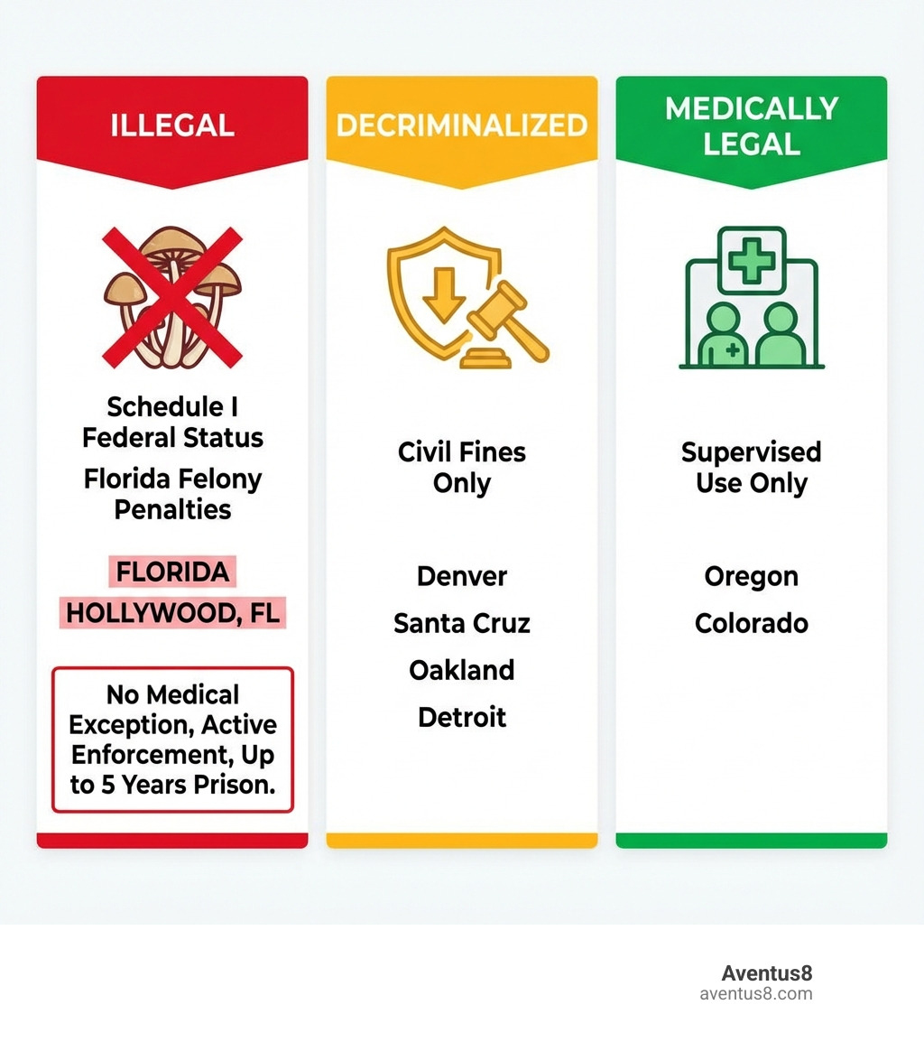 Infographic showing three categories: Illegal (psilocybin mushrooms with red X, Schedule I federal status, Florida felony penalties), Decriminalized (reduced enforcement icon with cities like Denver listed, civil fines only), and Medically Legal (licensed therapy center icon with Oregon and Colorado listed, supervised use only). Florida and Hollywood FL highlighted in red under illegal category with note: no medical exception, active enforcement, up to 5 years prison. - are shrooms illegal infographic Infographic showing three categories: Illegal (psilocybin mushrooms with red X, Schedule I federal status, Florida felony penalties), Decriminalized (reduced enforcement icon with cities like Denver listed, civil fines only), and Medically Legal (licensed therapy center icon with Oregon and Colorado listed, supervised use only). Florida and Hollywood FL highlighted in red under illegal category with note: no medical exception, active enforcement, up to 5 years prison. - are shrooms illegal infographic