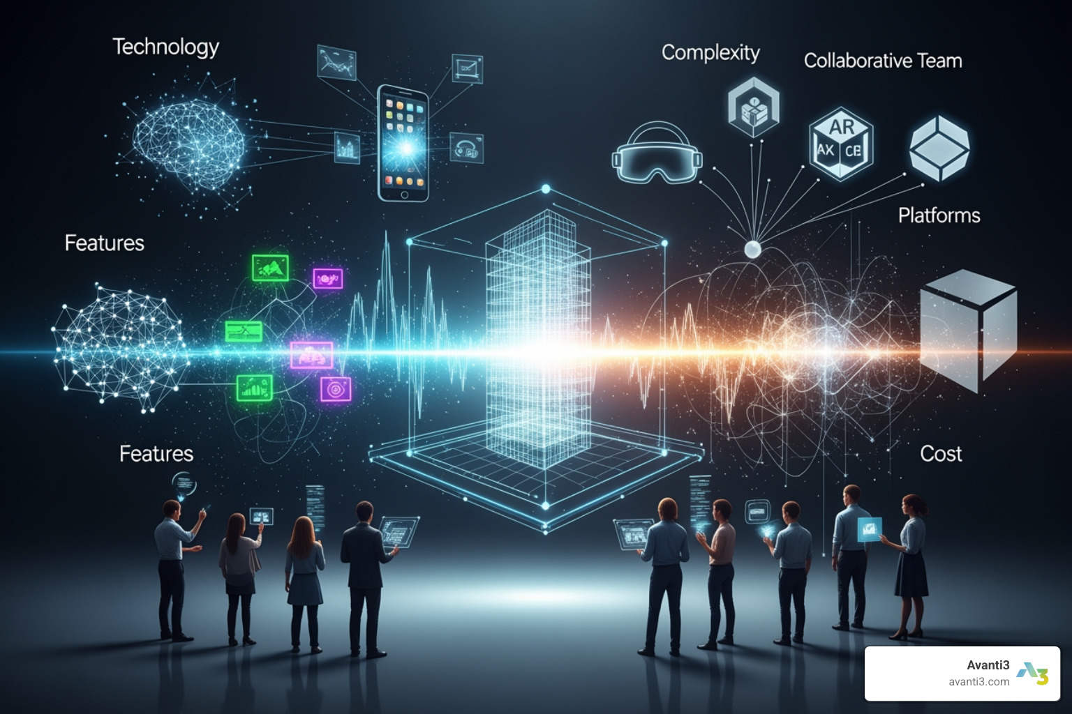 an infographic illustrating the main AR cost drivers: Features, Technology, Platform, and Team. - cost to develop an ar app