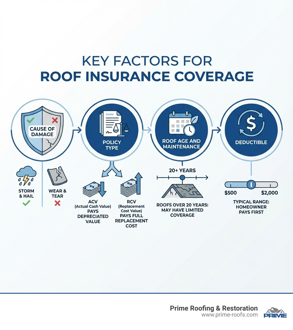 infographic showing four key factors for roof insurance coverage: a shield icon labeled "Cause of Damage" with checkmarks for storm and hail, an "X" for wear and tear; a document icon labeled "Policy Type" showing ACV pays depreciated value versus RCV pays full replacement cost; a calendar icon labeled "Roof Age and Maintenance" indicating roofs over 20 years may have limited coverage; and a dollar sign icon labeled "Deductible" showing typical range of five hundred to two thousand dollars that homeowner pays first - does home insurance cover roof infographic 