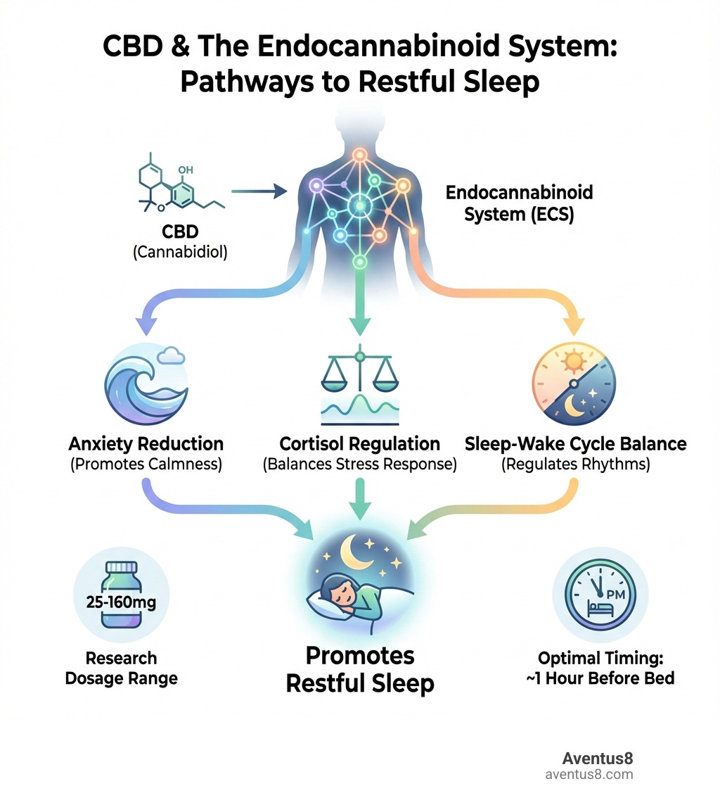 infographic showing CBD's interaction with the endocannabinoid system for sleep regulation, including pathways for anxiety reduction, cortisol regulation, and sleep-wake cycle balance, with dosage ranges from research studies (25-160mg) and timeline of effects (typically 1 hour before bed for optimal results) - CBD for sleep disorders infographic 