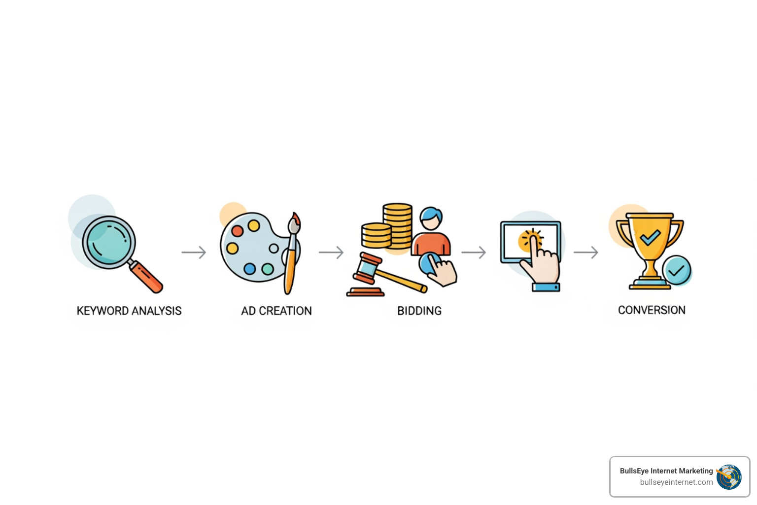flowchart showing the PPC process from keyword research to conversion - ppc management consultant Illustration depicting the PPC management process, featuring steps: keyword analysis, ad creation, bidding, and conversion, with icons representing each stage, branded with BullsEye Internet Marketing.