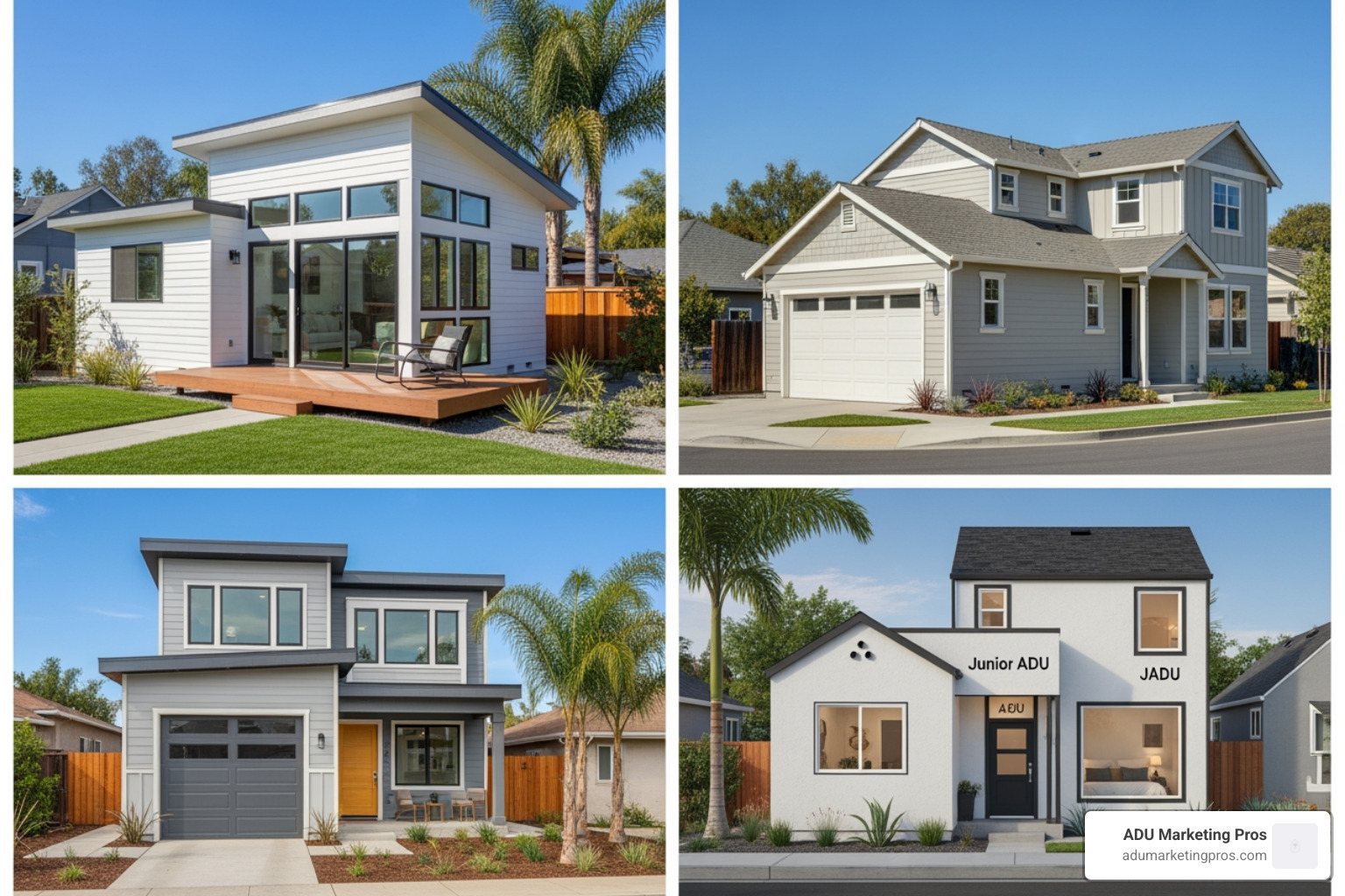 collage showcasing different types of ADUs: a modern detached backyard cottage, a seamless attached ADU, a stylish garage conversion, and a compact Junior ADU - ADU contractor California
