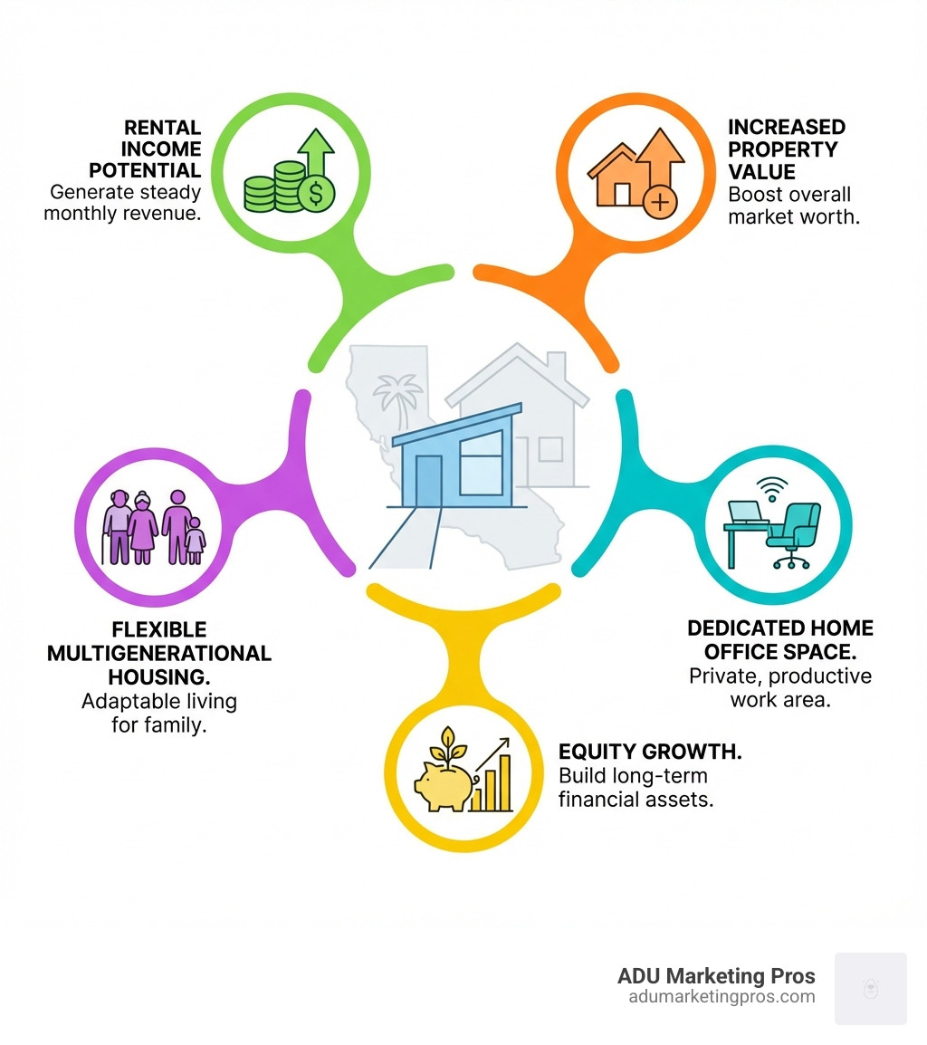 infographic showing ADU benefits in California including rental income potential, increased property value, flexible multigenerational housing, dedicated home office space, and equity growth - ADU contractor California infographic 