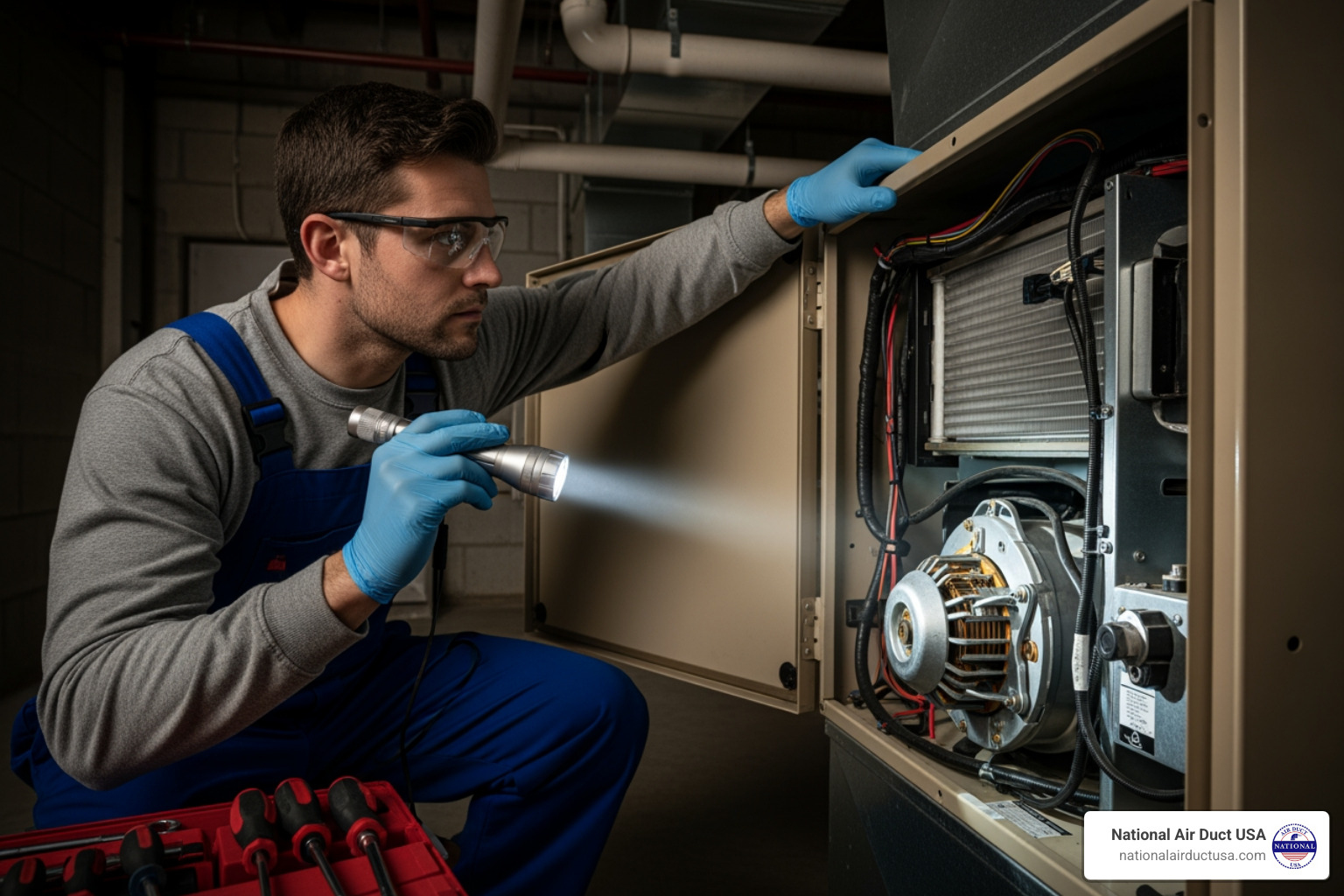technician inspecting an HVAC air handler with a flashlight - AC mold removal cost