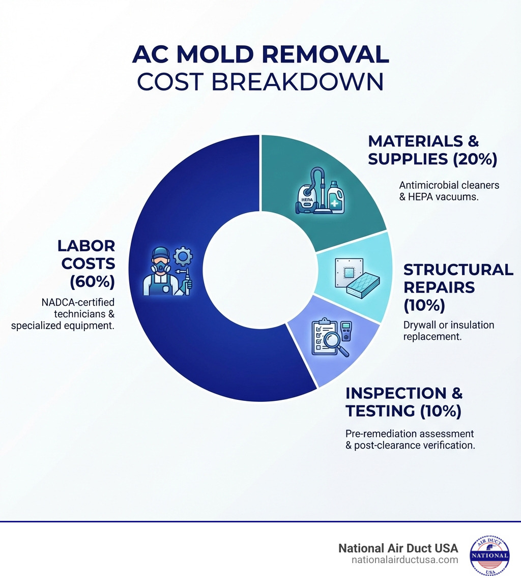 Infographic showing AC mold removal cost breakdown: 60% labor costs for NADCA-certified technicians and specialized equipment, 20% materials and supplies including antimicrobial cleaners and HEPA vacuums, 10% structural repairs like drywall or insulation replacement, and 10% inspection and testing including pre-remediation assessment and post-clearance verification - AC mold removal cost infographic 