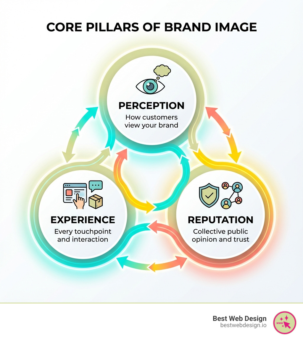 Infographic showing the core pillars of brand image: three interconnected circles labeled Perception (how customers view your brand), Experience (every touchpoint and interaction), and Reputation (collective public opinion and trust). Arrows between circles indicate continuous influence and feedback loops. - brand image infographic 