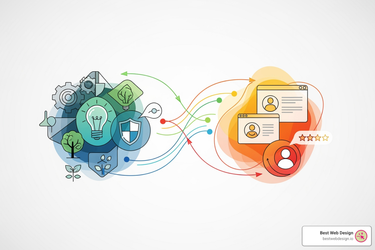 A diagram illustrating the distinction between brand identity and brand image. Brand Identity is shown as an internal process with elements like mission, values, design, and messaging. Brand Image is shown as an external perception, formed by customer experiences, word-of-mouth, and media, feeding back into the brand identity. - brand image