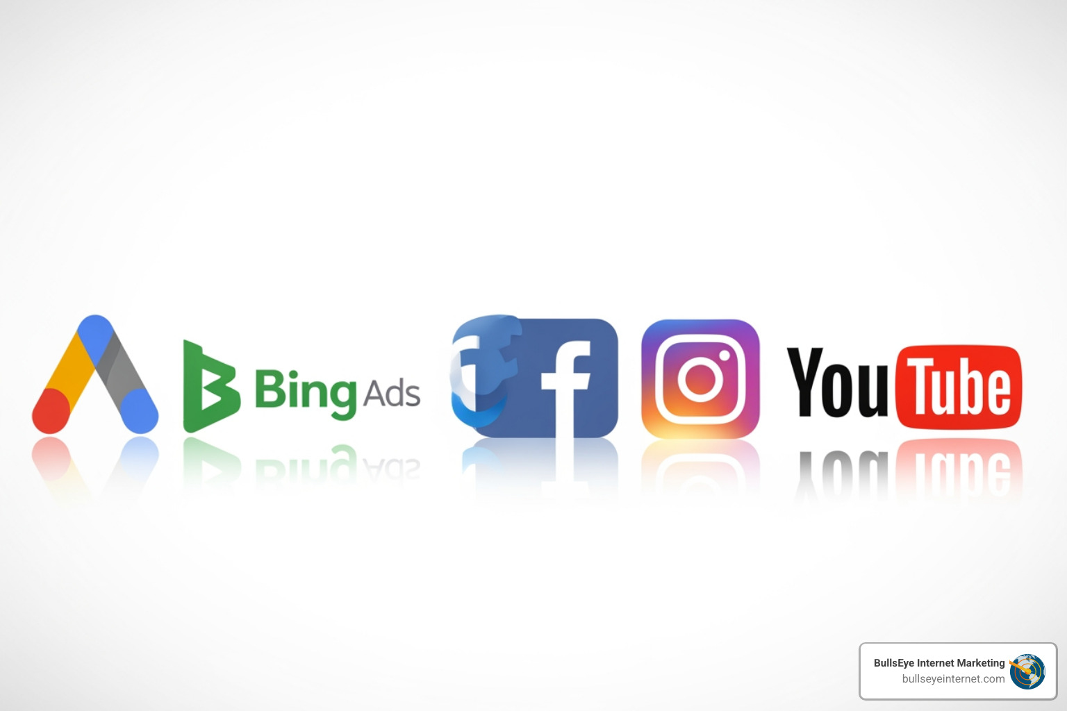 logos of Google Ads, Bing Ads, Facebook, Instagram, LinkedIn, and YouTube - pay per click management service Google Ads, Bing Ads, Facebook, Instagram, and YouTube logos representing common PPC platforms for digital advertising campaigns by BullsEye Internet Marketing.