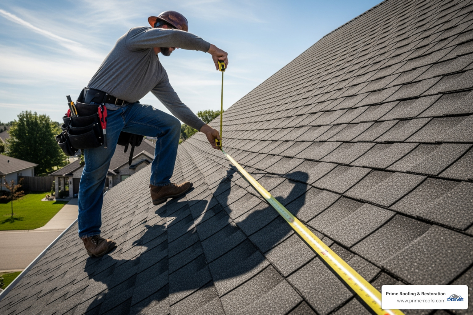 a roofer measuring a roof with a steep pitch - new roof 1000 sq ft house a roofer measuring a roof with a steep pitch - new roof 1000 sq ft house