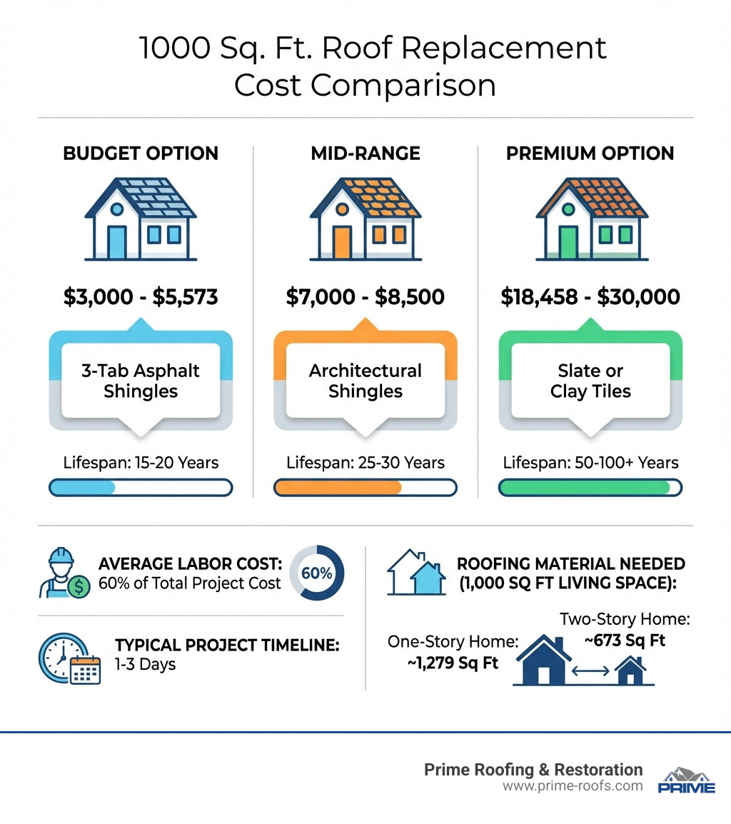 Infographic showing cost comparison for 1000 sq ft roof replacement: Budget option with 3-tab asphalt shingles at $3,000-$5,573 (15-20 year lifespan), Mid-range with architectural shingles at $7,000-$8,500 (25-30 year lifespan), and Premium option with slate or clay tiles at $18,458-$30,000 (50-100+ year lifespan). Chart includes average labor costs of 60% of total project cost, typical project timeline of 1-3 days, and note that one-story homes require approximately 1,279 sq ft of roofing material while two-story homes require only 673 sq ft for the same 1,000 sq ft living space. - new roof 1000 sq ft house infographic Infographic showing cost comparison for 1000 sq ft roof replacement: Budget option with 3-tab asphalt shingles at $3,000-$5,573 (15-20 year lifespan), Mid-range with architectural shingles at $7,000-$8,500 (25-30 year lifespan), and Premium option with slate or clay tiles at $18,458-$30,000 (50-100+ year lifespan). Chart includes average labor costs of 60% of total project cost, typical project timeline of 1-3 days, and note that one-story homes require approximately 1,279 sq ft of roofing material while two-story homes require only 673 sq ft for the same 1,000 sq ft living space. - new roof 1000 sq ft house infographic