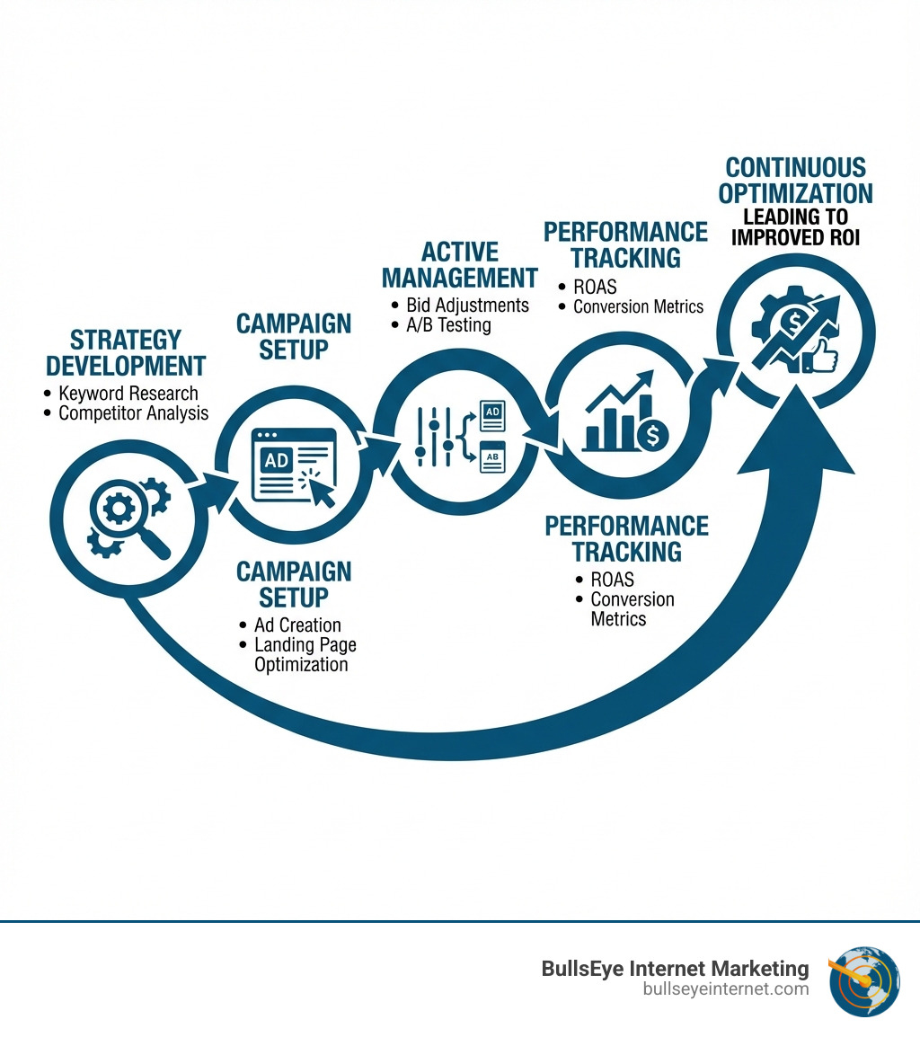 Infographic showing the PPC campaign lifecycle: Strategy Development with keyword research and competitor analysis, Campaign Setup with ad creation and landing page optimization, Active Management with bid adjustments and A/B testing, Performance Tracking with ROAS and conversion metrics, and Continuous Optimization leading to improved ROI - best ppc firm infographic Infographic showing the PPC campaign lifecycle: Strategy Development with keyword research and competitor analysis, Campaign Setup with ad creation and landing page optimization, Active Management with bid adjustments and A/B testing, Performance Tracking with ROAS and conversion metrics, and Continuous Optimization leading to improved ROI - best ppc firm infographic