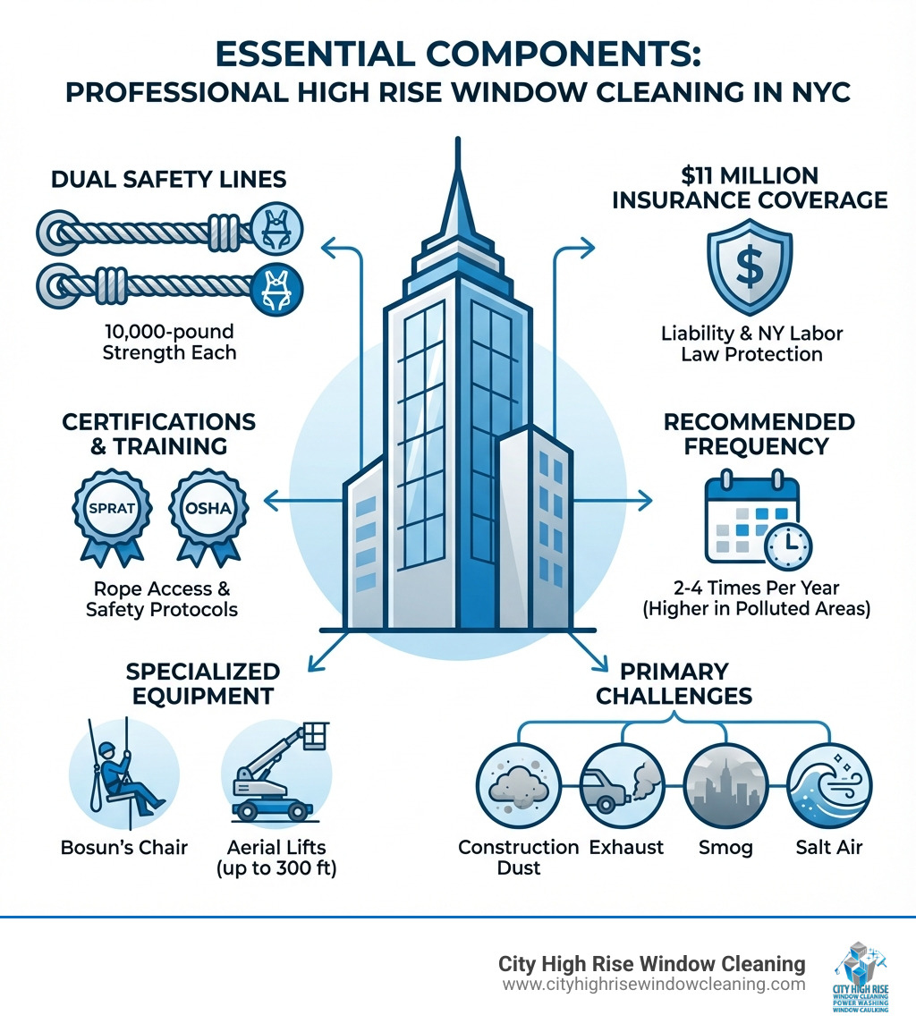 Infographic showing the essential components of professional high rise window cleaning in NYC: dual safety lines with 10,000-pound strength, SPRAT and OSHA certifications, $11 million insurance coverage, specialized equipment including bosun's chairs and aerial lifts up to 300 feet, recommended cleaning frequency of 2-4 times per year, and primary challenges including construction dust, exhaust, smog, and salt air - high rise window cleaner nyc infographic Infographic showing the essential components of professional high rise window cleaning in NYC: dual safety lines with 10,000-pound strength, SPRAT and OSHA certifications, $11 million insurance coverage, specialized equipment including bosun's chairs and aerial lifts up to 300 feet, recommended cleaning frequency of 2-4 times per year, and primary challenges including construction dust, exhaust, smog, and salt air - high rise window cleaner nyc infographic