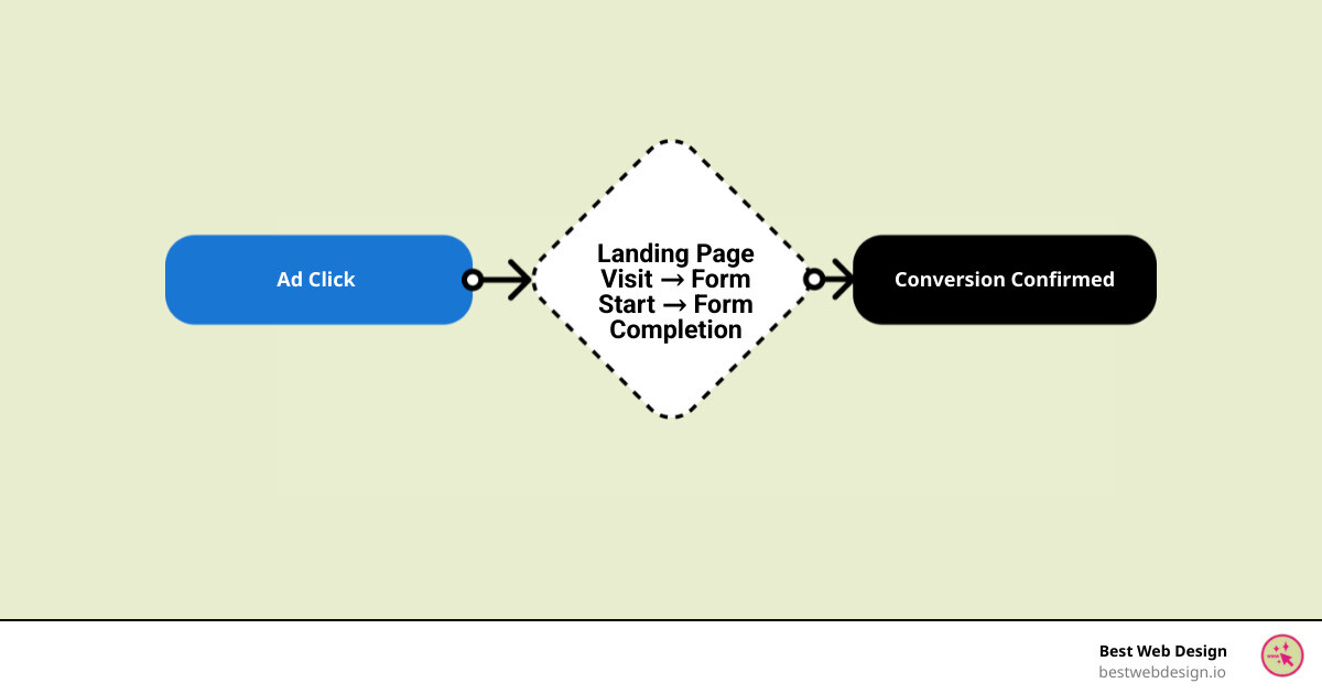 infographic showing the conversion optimization funnel from initial click through to final conversion, highlighting key tracking points: ad click, landing page visit, form start, form completion, and conversion confirmation, with budget allocation shifting toward higher-converting paths - conversion based optimization infographic flowmap_simple