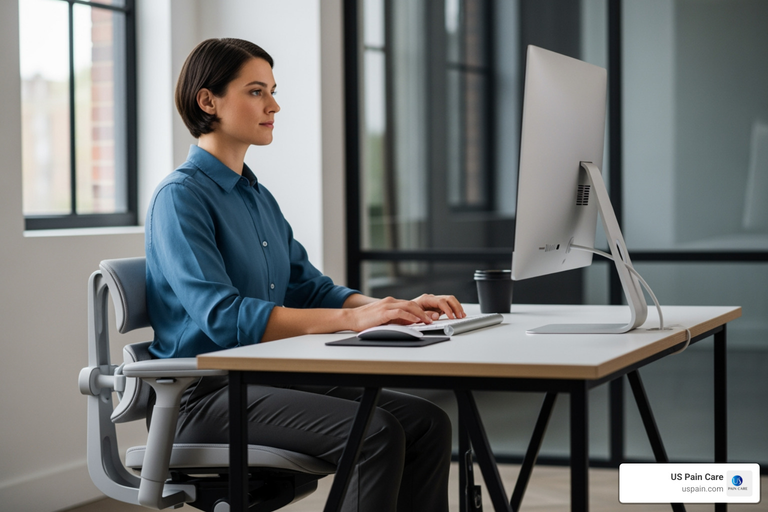 Person sitting with good posture at a desk, illustrating proper ergonomics for back health - treatment for a herniated lumbar disc