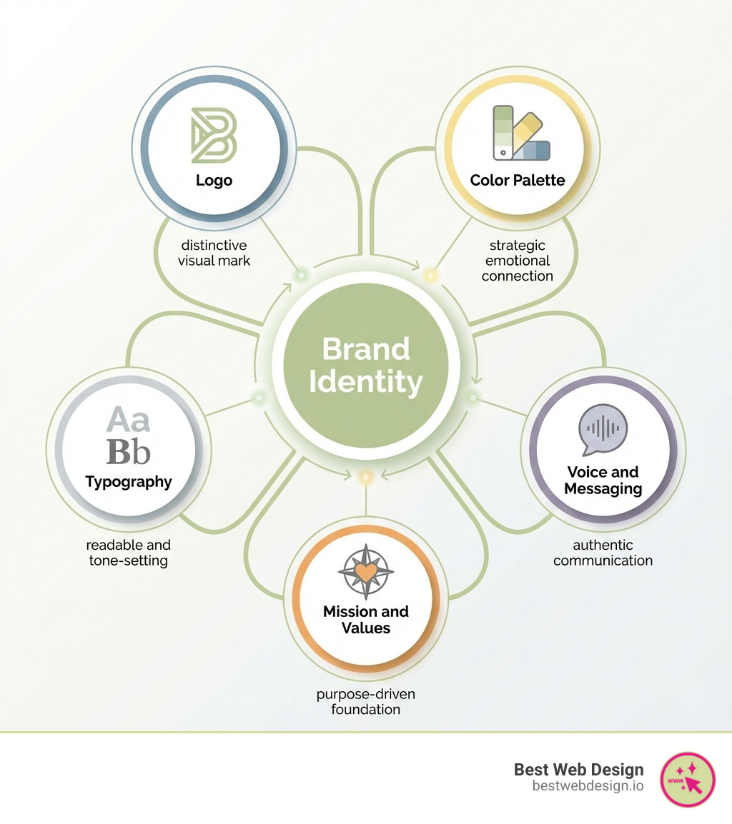 infographic showing the core elements of brand identity: a central circle labeled Brand Identity with five connected elements - Logo (distinctive visual mark), Color Palette (strategic emotional connection), Typography (readable and tone-setting), Voice and Messaging (authentic communication), and Mission and Values (purpose-driven foundation) - brand identity examples infographic 