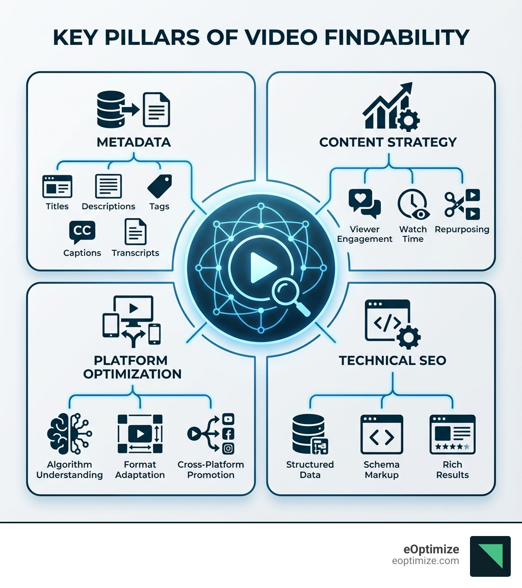 Infographic explaining the key pillars of video findability: Metadata (including titles, descriptions, tags, captions, and transcripts), Content Strategy (covering viewer engagement, watch time, and repurposing), Technical SEO (featuring structured data, schema markup, and rich results), and Platform Optimization (highlighting algorithm understanding, format adaptation, and cross-platform promotion) - video content discoverability infographic 