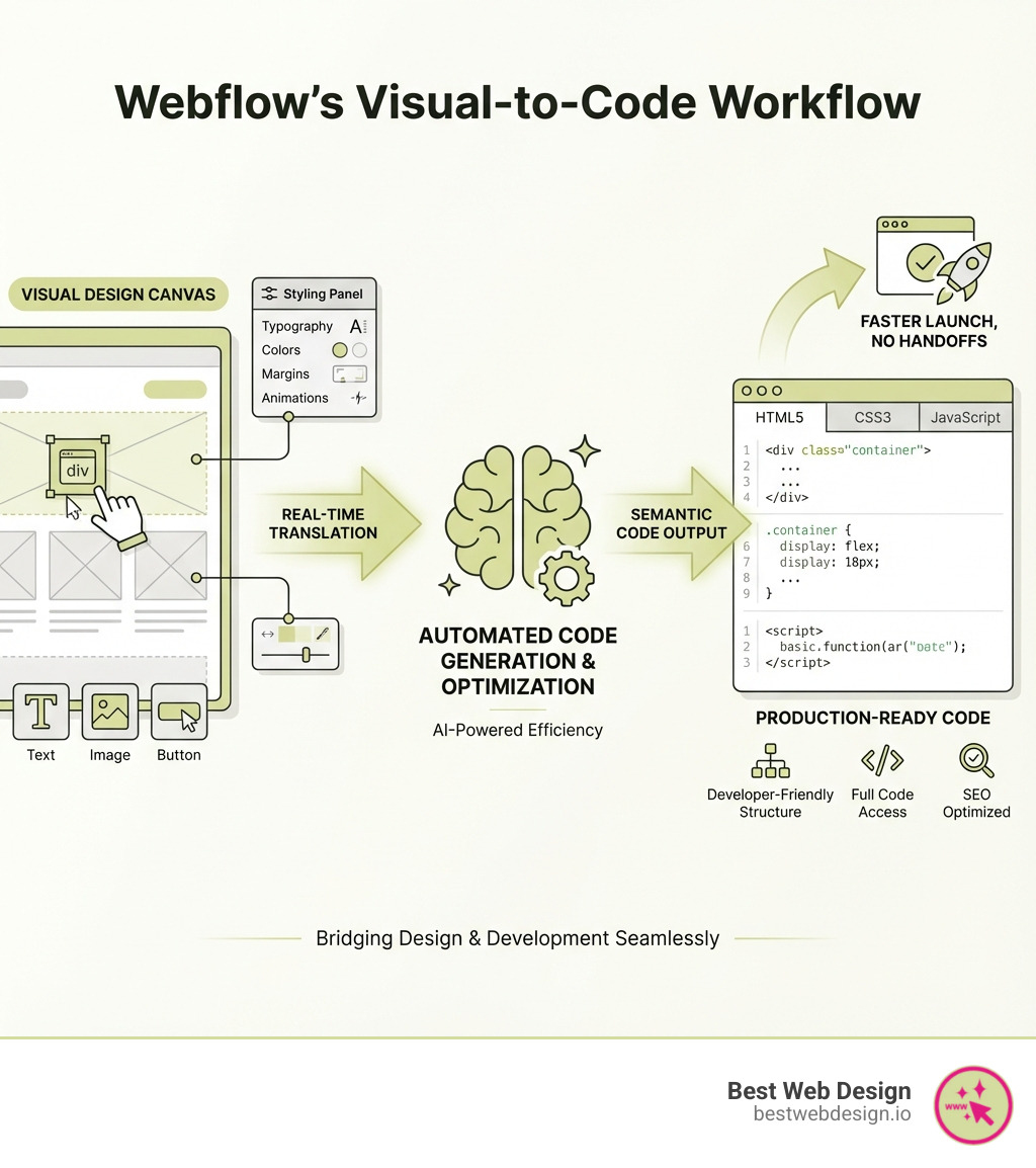 infographic showing webflow's visual-to-code process - webflow design and development infographic 