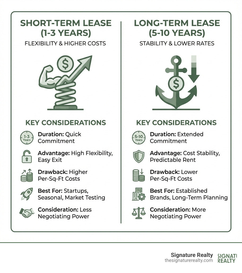 infographic showing comparison of short-term lease 1-3 years with flexibility and higher costs versus long-term lease 5-10 years with stability and lower rates, plus key considerations for each type - short term commercial lease infographic infographic showing comparison of short-term lease 1-3 years with flexibility and higher costs versus long-term lease 5-10 years with stability and lower rates, plus key considerations for each type - short term commercial lease infographic