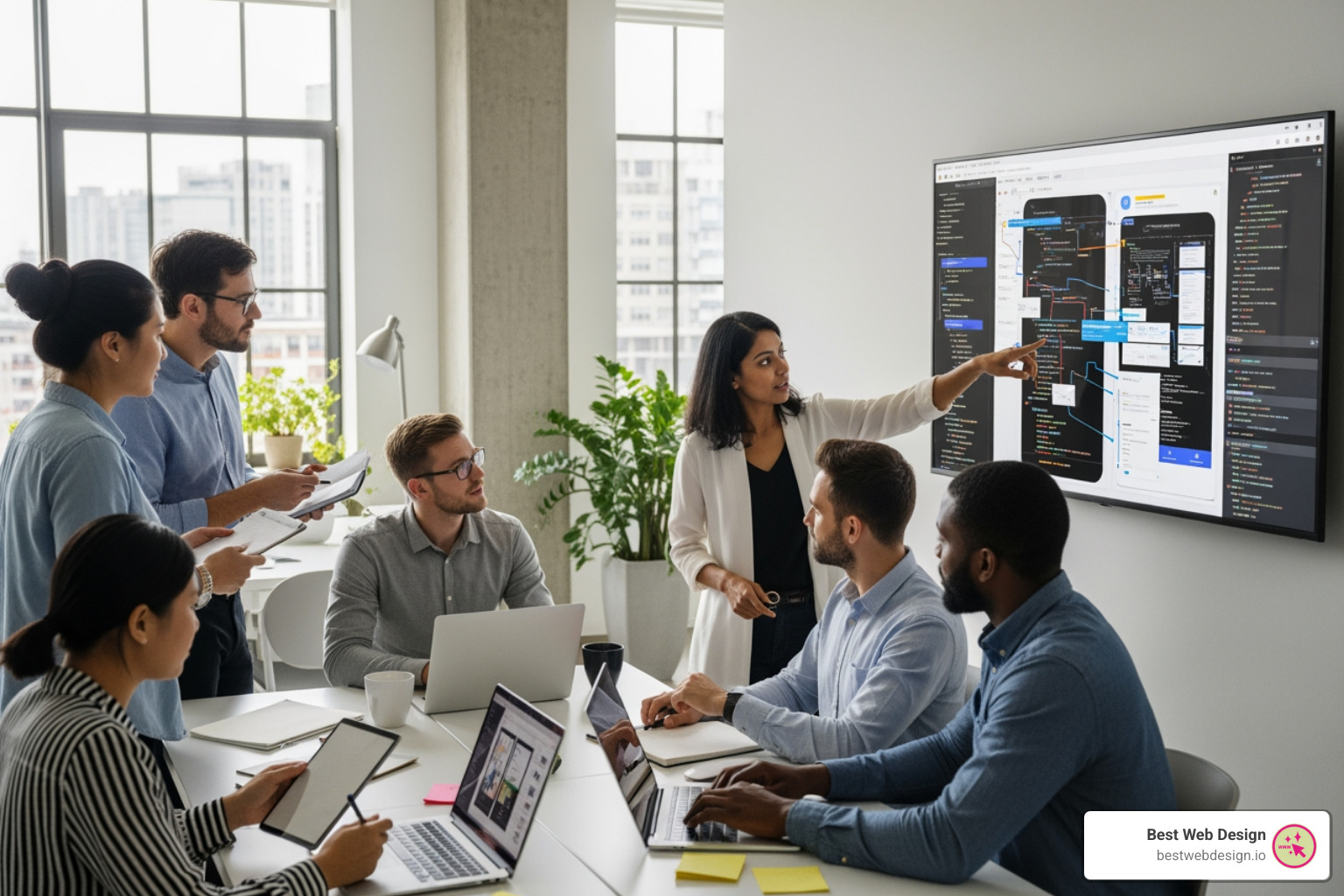 team of designers and developers collaborating around a screen - modern web solutions