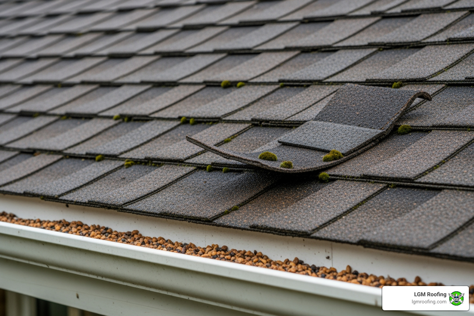 Infographic showing the top warning signs of roof damage including missing shingles, water stains on ceilings, granules in gutters, damaged flashing around chimneys and vents, sagging roof deck sections, and moss or algae growth, with notes on when to call a professional roofer immediately - top rated roof repair in montclair, nj Roof shingles showing damage with a lifted section and moss growth, highlighting signs of wear and potential need for repair by LGM Roofing in Montclair, NJ.