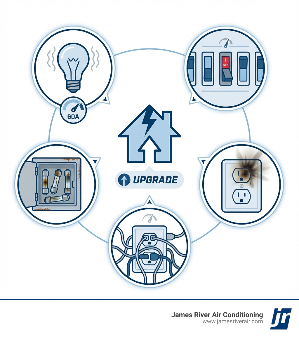 Infographic showing common signs of electrical problems in Chesterfield homes: flickering lights with a 60-amp service indicator, a tripped breaker panel, an old rusty fuse box, scorch marks on an outlet, and multiple extension cords plugged into a single outlet, with text indicating these are reasons to consider an electrical upgrade - electrical upgrade in chesterfield, va infographic Infographic showing common signs of electrical problems in Chesterfield homes: flickering lights with a 60-amp service indicator, a tripped breaker panel, an old rusty fuse box, scorch marks on an outlet, and multiple extension cords plugged into a single outlet, with text indicating these are reasons to consider an electrical upgrade - electrical upgrade in chesterfield, va infographic