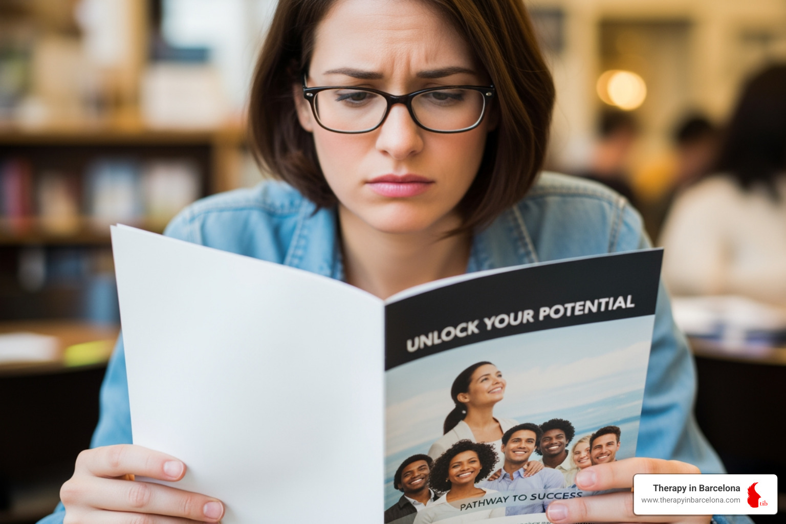 A frustrated person looking at a generic self-help brochure, with a blurry background suggesting overwhelming information - Personalized mental health care