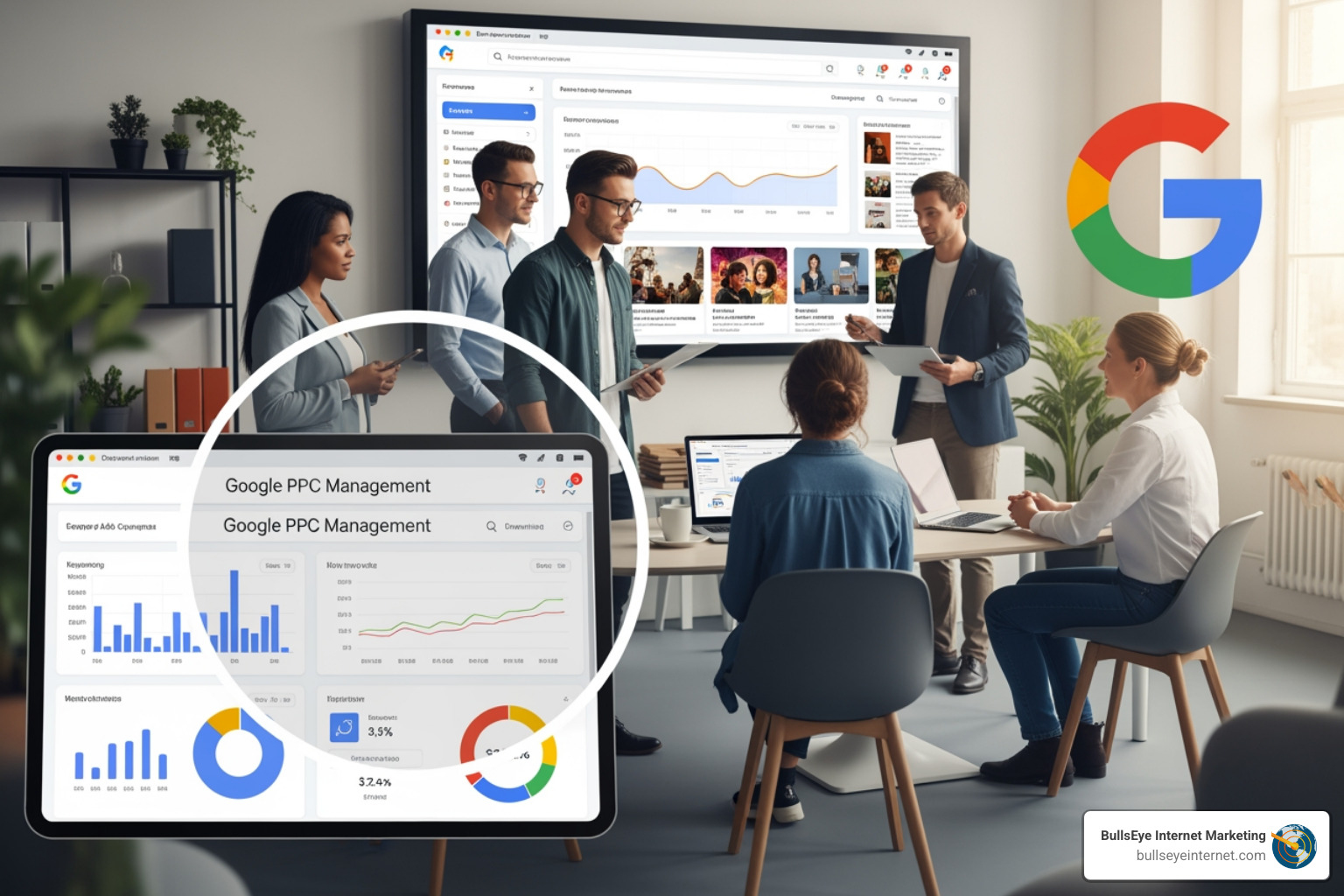Different Google Ad formats (Search, Shopping, Display, Video) - google ppc management company Team discussing Google PPC management strategies in a modern office, with a laptop displaying performance metrics and graphs, emphasizing effective campaign management and transparency in advertising results.