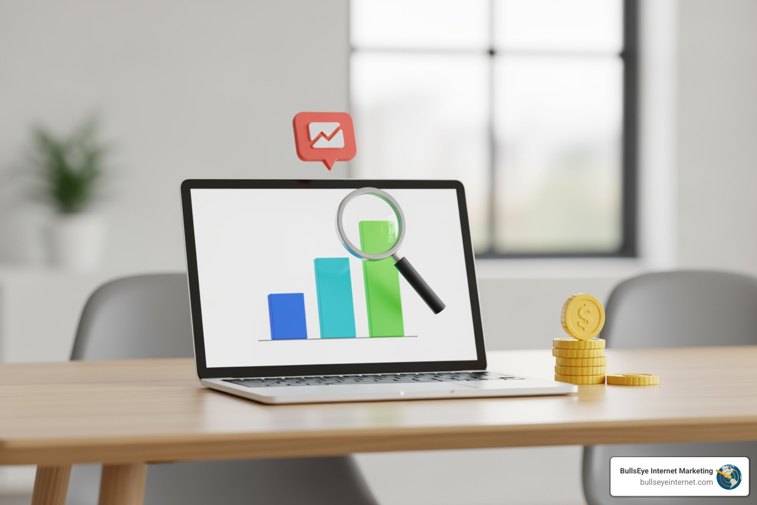 Laptop displaying a bar graph with a magnifying glass, symbolizing PPC campaign analysis and performance tracking for small businesses, alongside gold coins representing ROI.