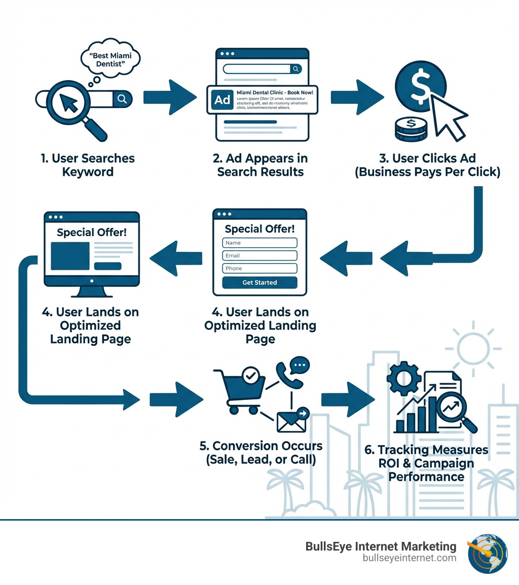 Flowchart illustrating the PPC advertising process, featuring user search, ad appearance, click-through, optimized landing pages, conversions, and tracking performance, with branding for BullsEye Internet Marketing.