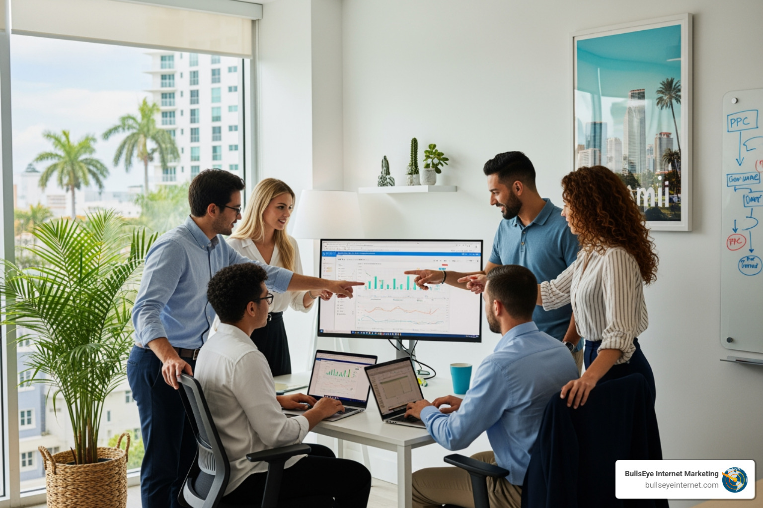 Team collaborating in Miami office, analyzing PPC campaign performance on monitors, surrounded by greenery, emphasizing data-driven strategies for lead generation.