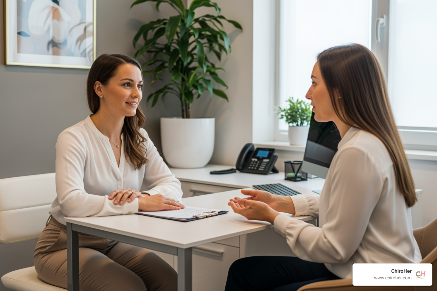 female chiropractor in a modern clinic, consulting with a patient - best acupuncture okc female chiropractor in a modern clinic, consulting with a patient - best acupuncture okc