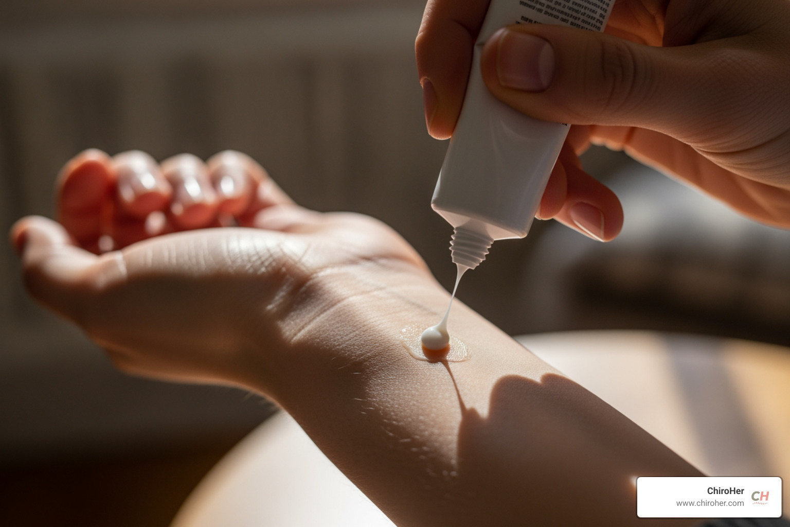 photorealistic hand with cream tube on wrist - carpal tunnel relief cream photorealistic hand with cream tube on wrist - carpal tunnel relief cream