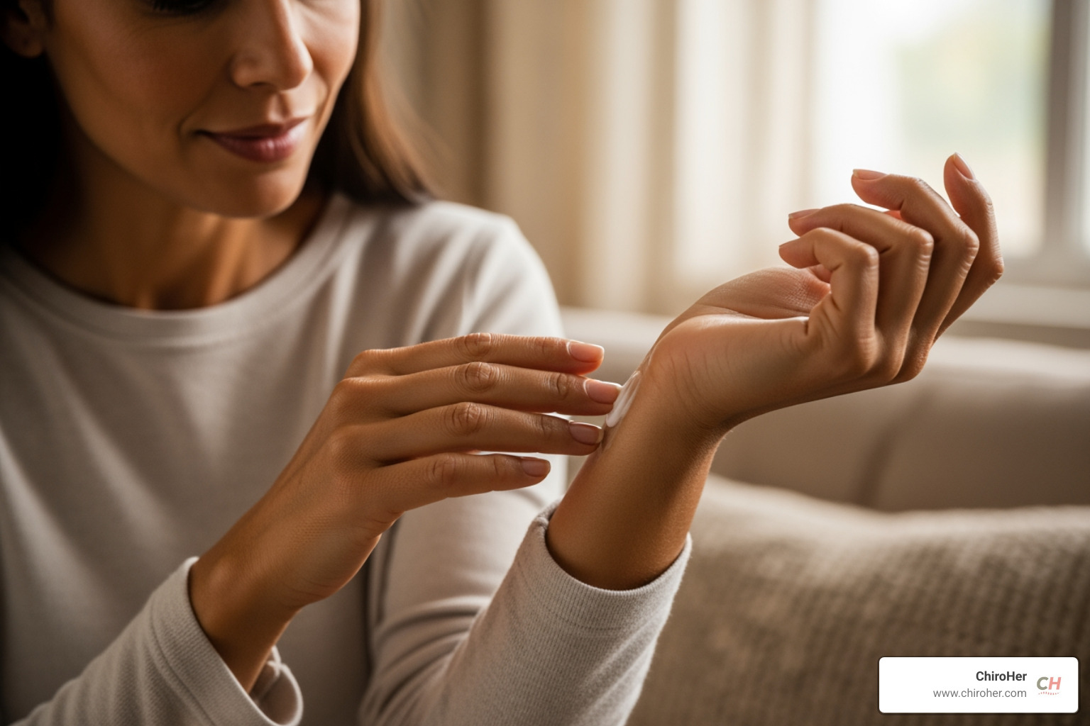 woman massaging cream onto wrist in comfortable home setting - carpal tunnel relief cream woman massaging cream onto wrist in comfortable home setting - carpal tunnel relief cream