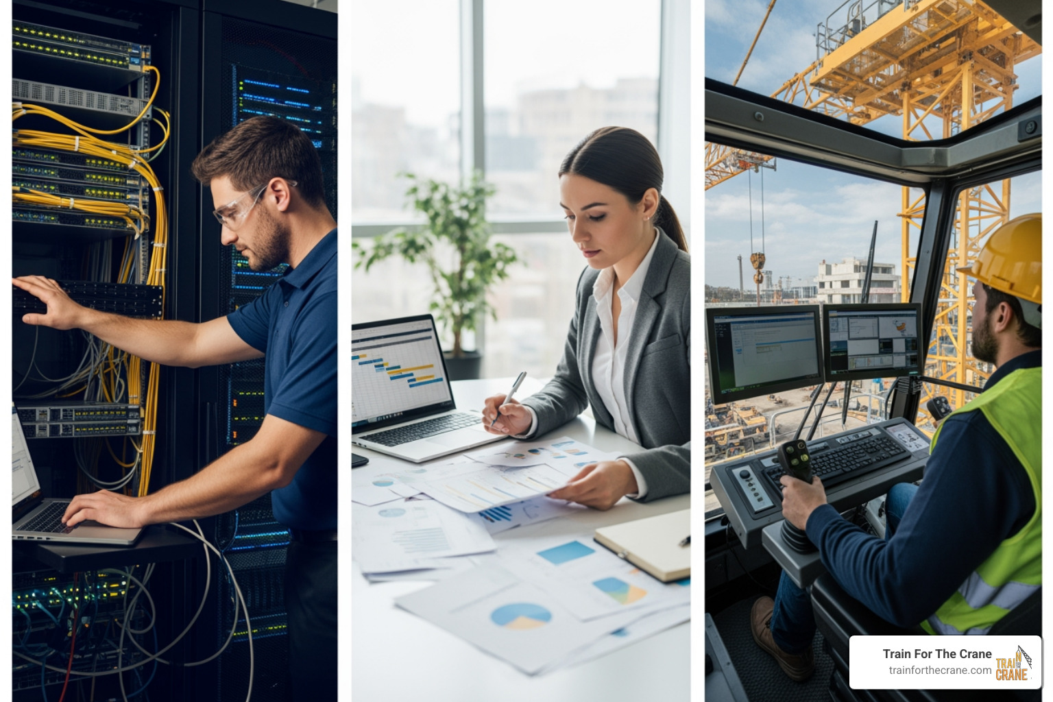 a collage of professionals at work: a network engineer, a project manager, and a crane operator on a construction site - how to get certified