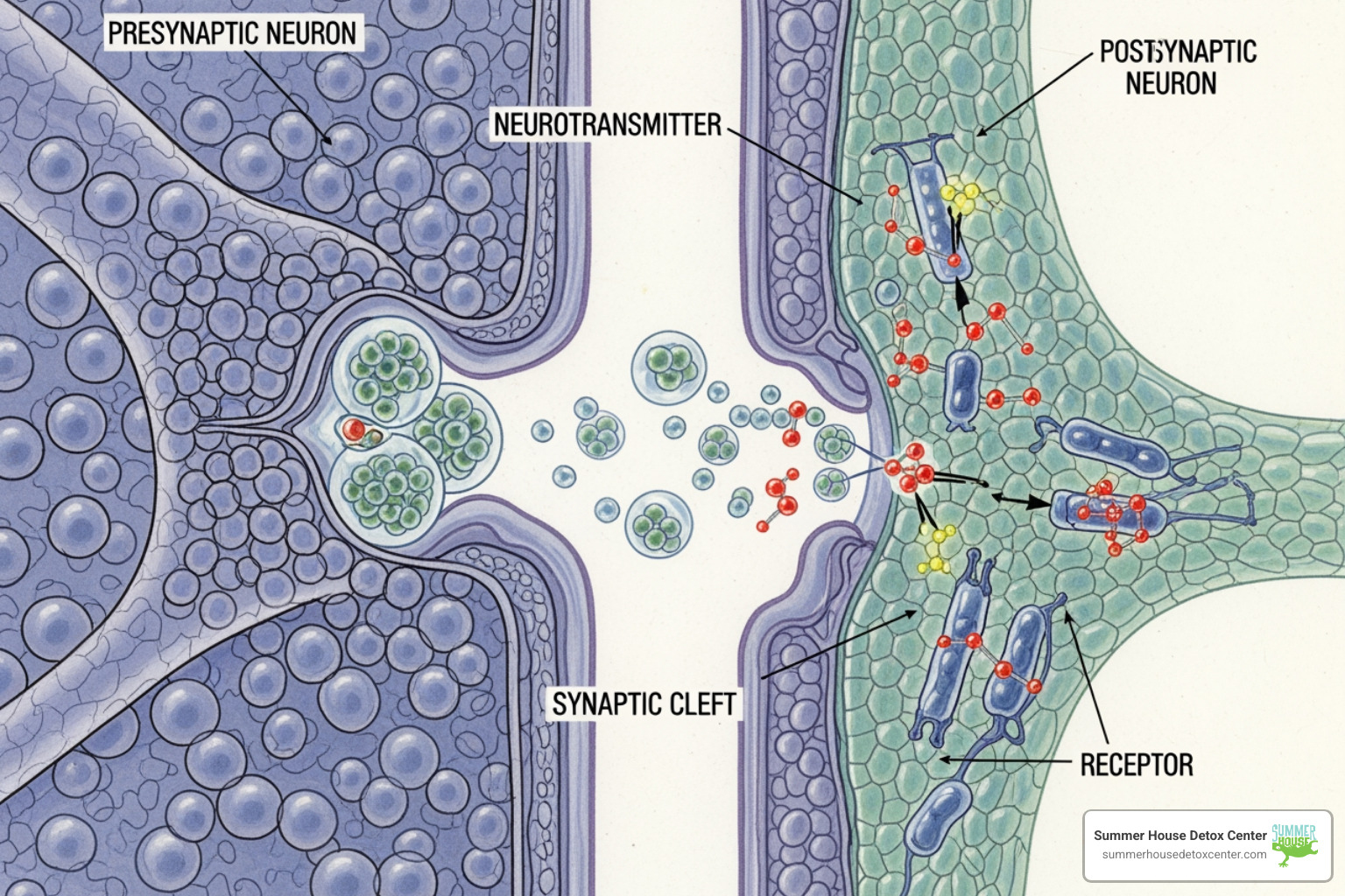 illustrating neurotransmitter activity at a synapse - addiction medication therapy