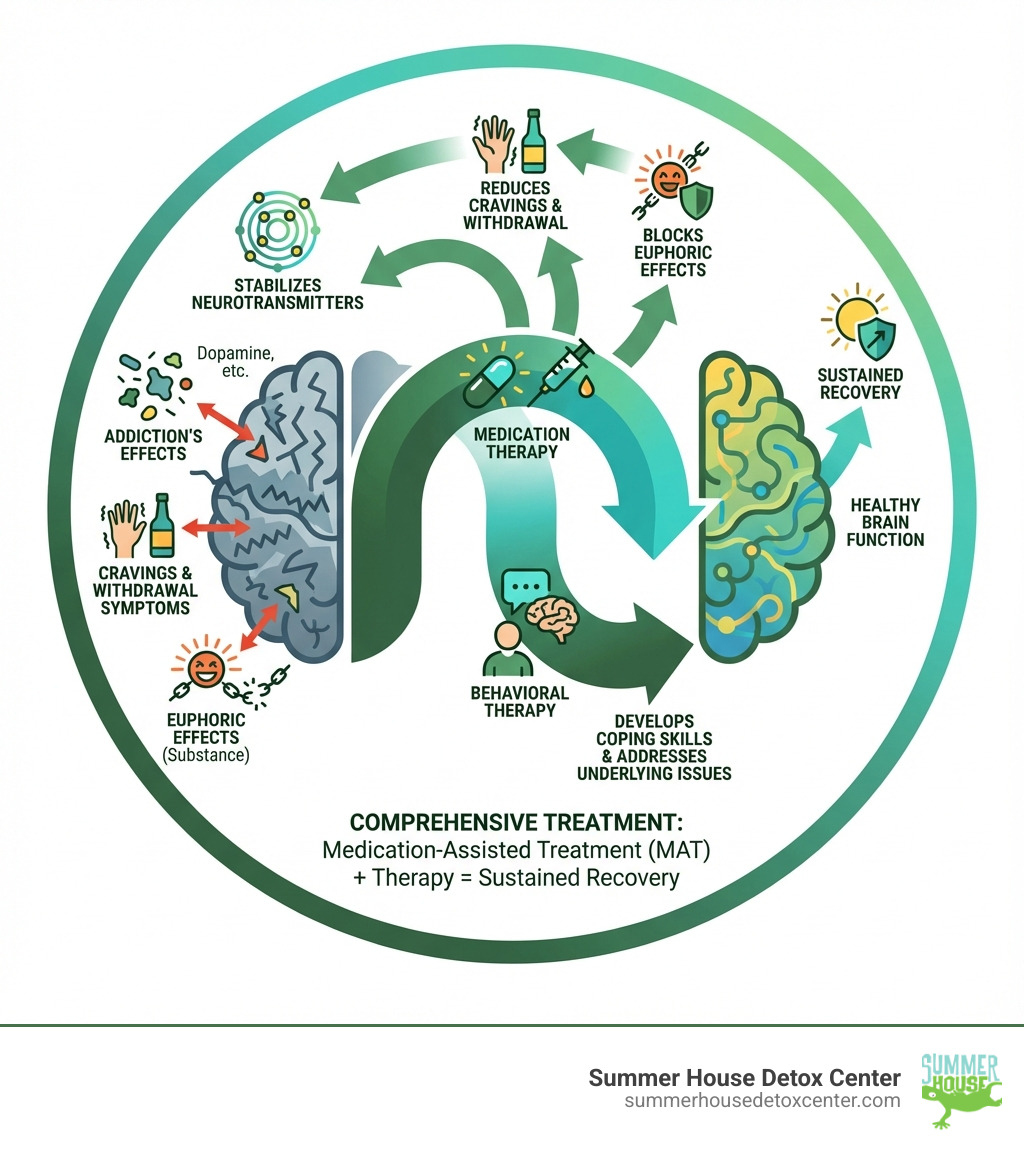 infographic showing how addiction medication therapy works by stabilizing neurotransmitters in the brain, reducing cravings and withdrawal symptoms, blocking euphoric effects of substances, combined with behavioral therapy for comprehensive treatment leading to sustained recovery - addiction medication therapy infographic 