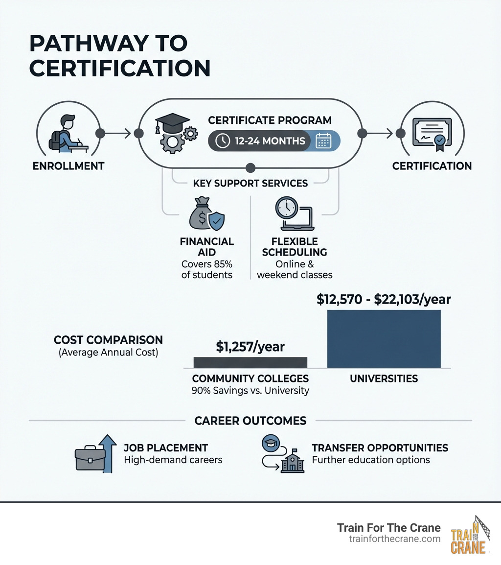 infographic showing the pathway from enrollment to certification, including average costs at $1,257 per year for community colleges versus $12,570-22,103 for universities, timeline of 12-24 months for most certificate programs, and key support services like financial aid covering 85% of students, flexible scheduling options including online and weekend classes, and career outcomes including job placement and transfer opportunities - community colleges near me infographic 