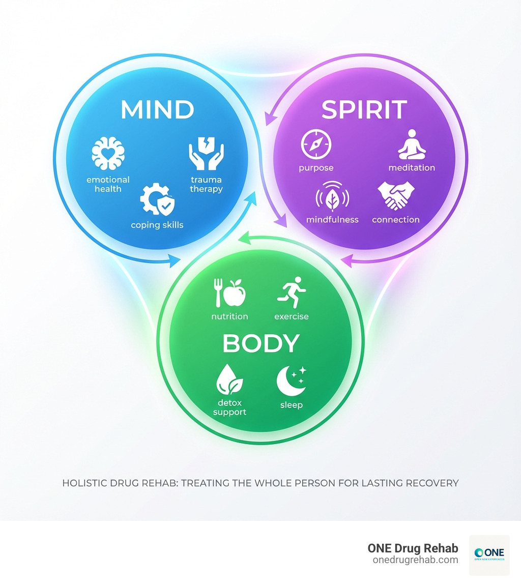 infographic showing three interconnected circles labeled Mind (emotional health, trauma therapy, coping skills), Body (nutrition, exercise, detox support, sleep), and Spirit (purpose, meditation, mindfulness, connection) - what does holistic drug rehab centers mean infographic 