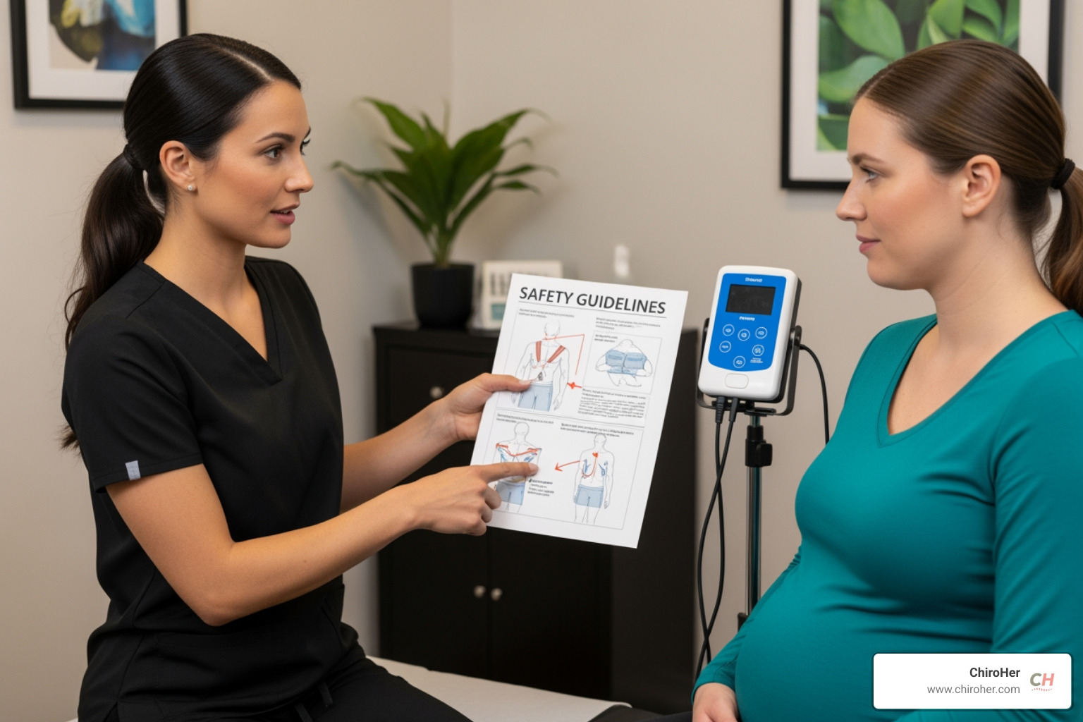 female chiropractor explaining safety guidelines for TENS/EMS to a pregnant patient - tens unit and ems