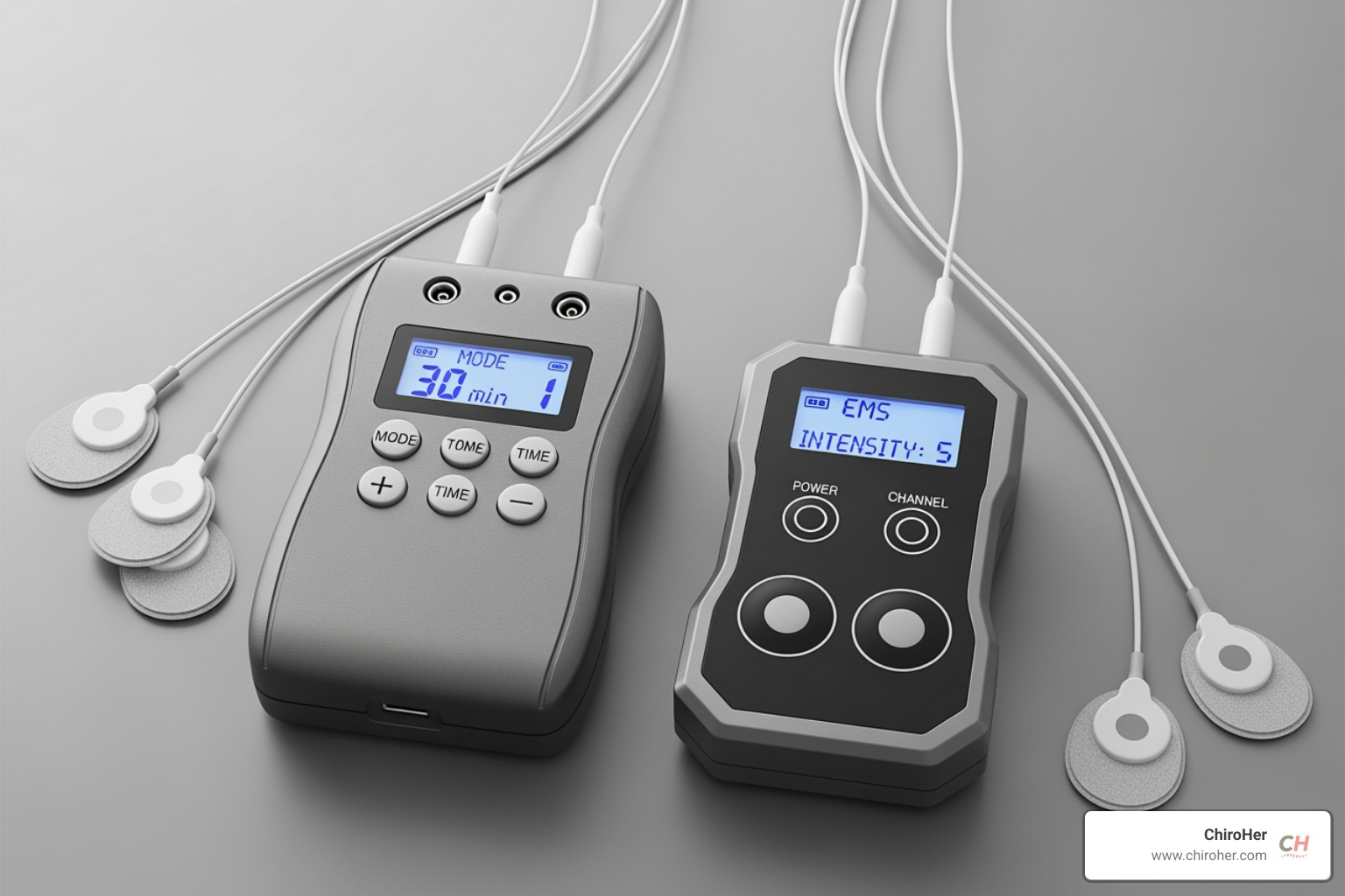 two portable TENS/EMS devices side-by-side - tens unit and ems