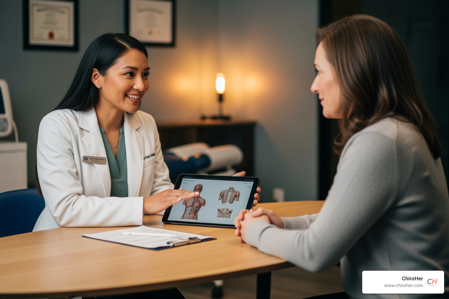 patient consulting with a female chiropractor about treatment options - tens unit and ems