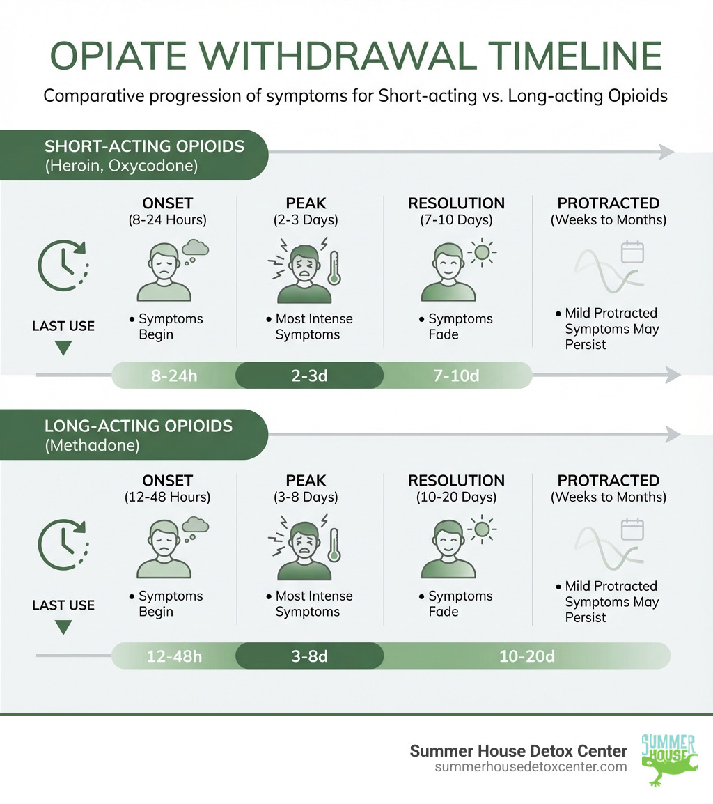 Infographic showing opiate withdrawal timeline: Short-acting opioids (heroin, oxycodone) - symptoms begin 8-24 hours after last use, peak at 2-3 days, resolve within 7-10 days. Long-acting opioids (methadone) - symptoms begin 12-48 hours after last use, peak at 3-8 days, resolve within 10-20 days. Both types show mild protracted symptoms may persist for weeks to months. - medicine for opiate withdrawal symptoms infographic Infographic showing opiate withdrawal timeline: Short-acting opioids (heroin, oxycodone) - symptoms begin 8-24 hours after last use, peak at 2-3 days, resolve within 7-10 days. Long-acting opioids (methadone) - symptoms begin 12-48 hours after last use, peak at 3-8 days, resolve within 10-20 days. Both types show mild protracted symptoms may persist for weeks to months. - medicine for opiate withdrawal symptoms infographic