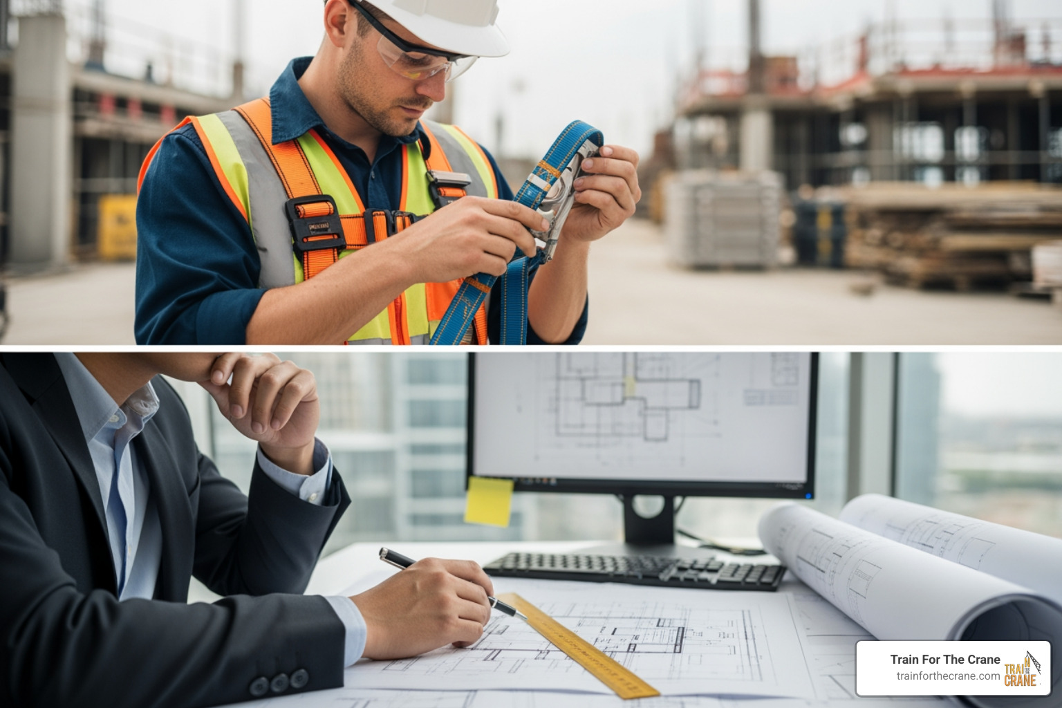 competent person inspecting a harness while a qualified person reviews blueprints - fall protection qualified person