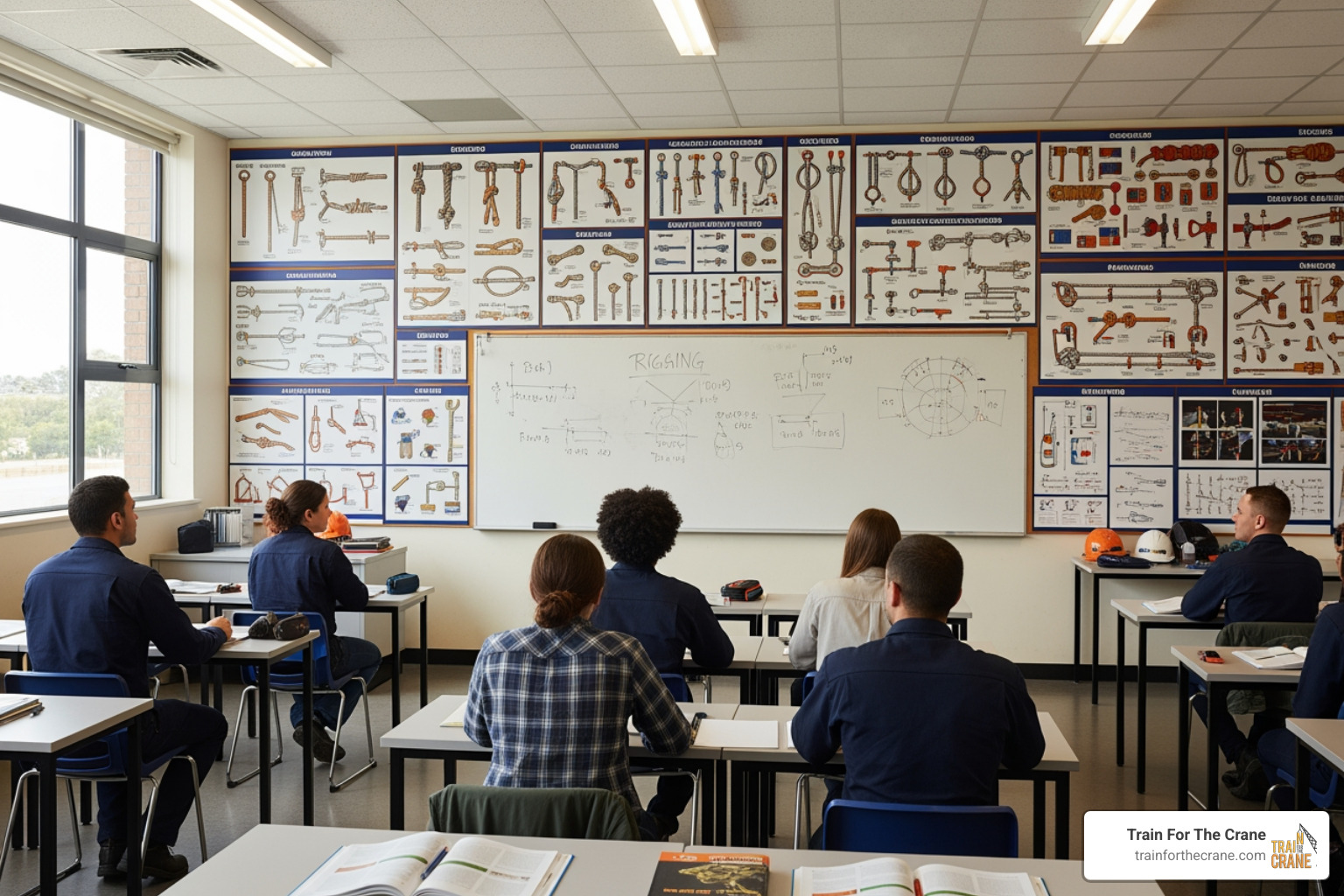 a classroom setting with rigging charts and diagrams on the wall - Crane rigging course