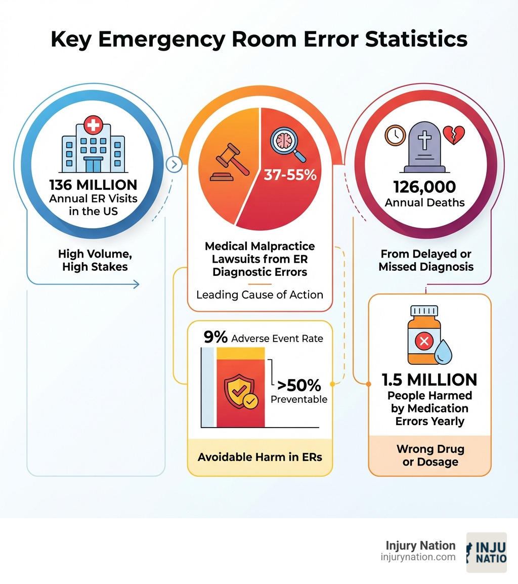 Infographic showing key emergency room error statistics: 136 million annual ER visits in the US, 37-55% of medical malpractice lawsuits from ER diagnostic errors, 9% adverse event rate in emergency departments with over half being preventable, 126,000 annual deaths from delayed or missed diagnosis, and 1.5 million people harmed by medication errors yearly - Emergency room attorney infographic 