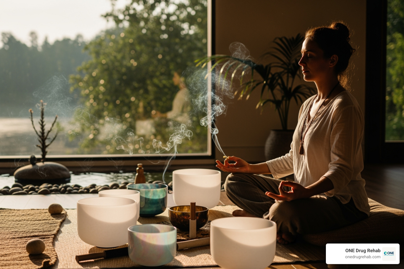 person meditating during sound bath - crystal healing sounds