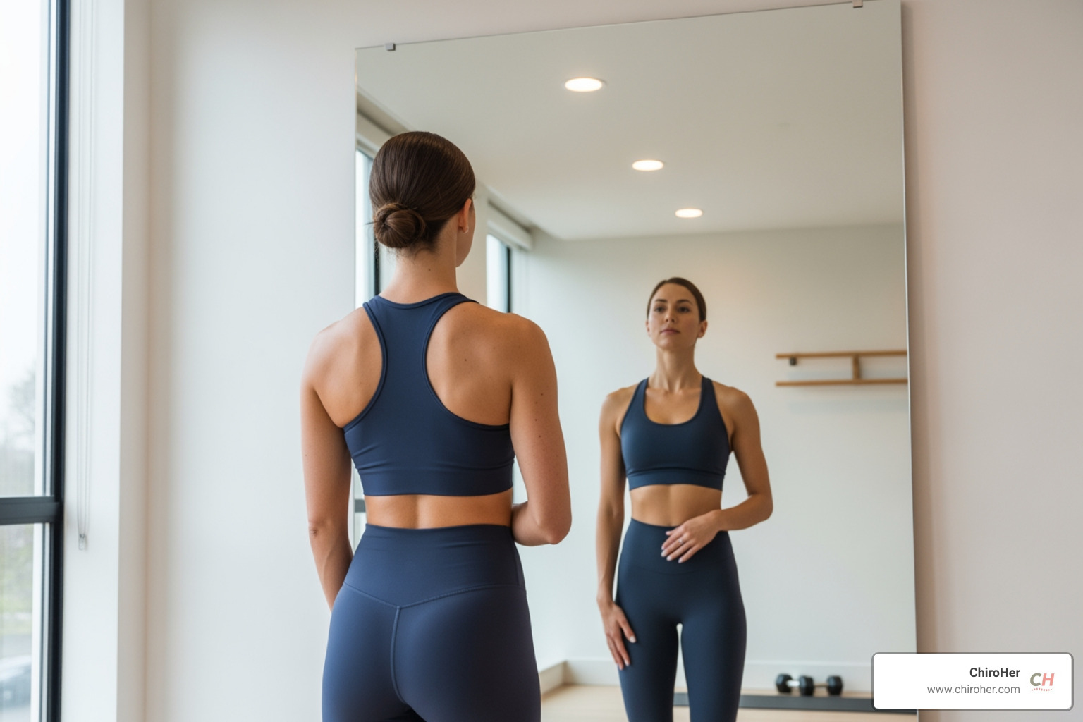 woman checking posture in mirror - exercise for anterior pelvic tilt woman checking posture in mirror - exercise for anterior pelvic tilt